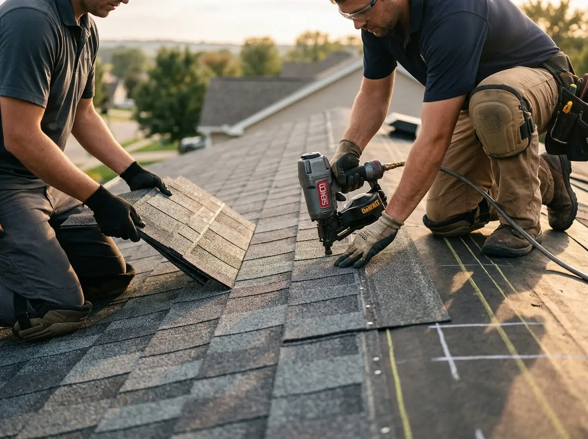 Professional roofer working on a residential roof in Penn Hills